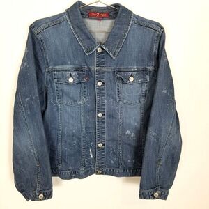 Seven7 Women's Distressed Denim Jacket Sz 22 / 24 Blue Premium Logo Button Up